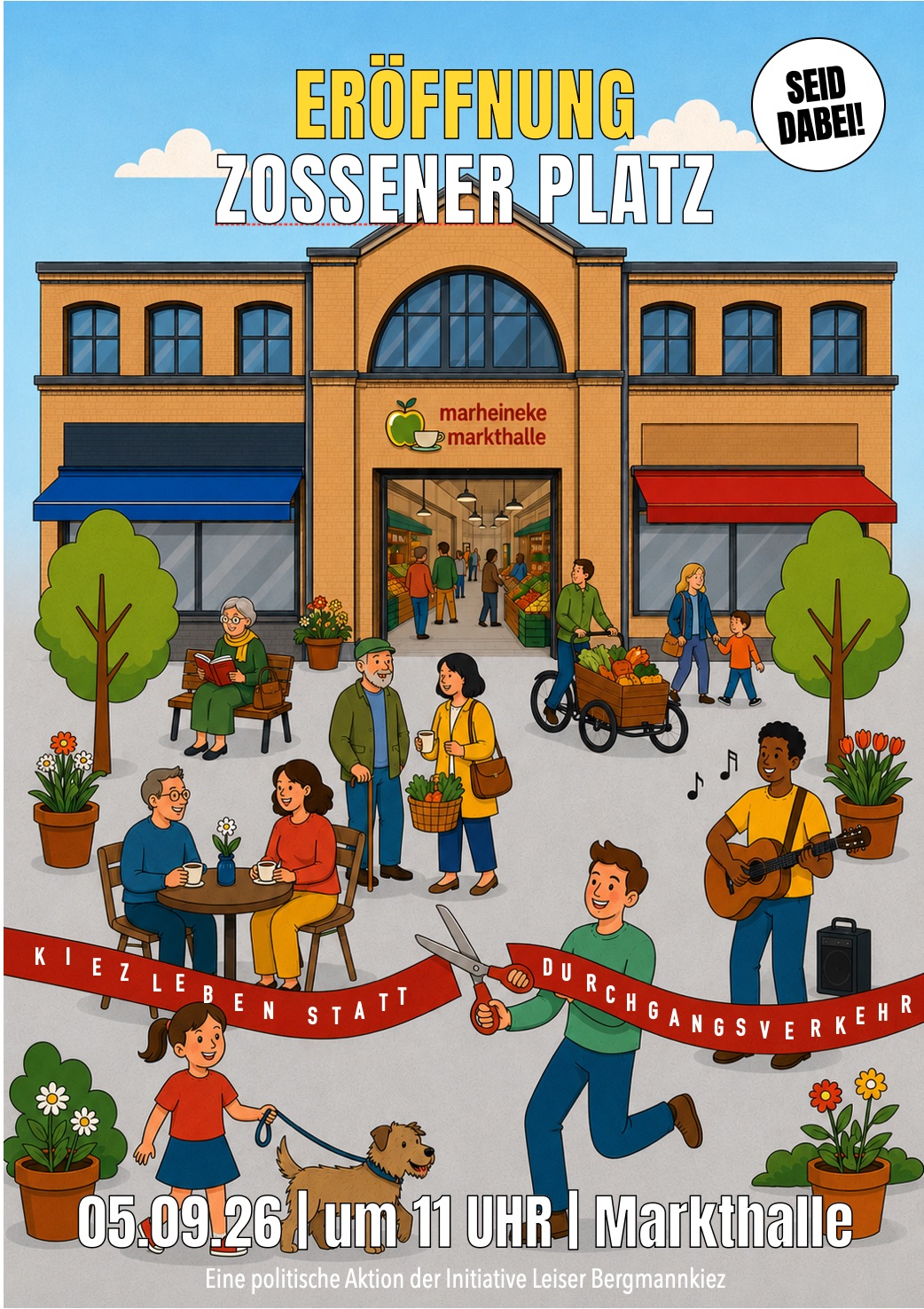 Illustration: Menschen feiern die Eröffnung des Zossener Platzes vor der Marheineke Markthalle